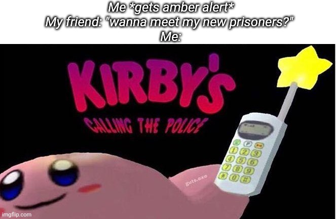 Kirby's calling the Police | Me *gets amber alert*
My friend: "wanna meet my new prisoners?" 
Me: | image tagged in kirby's calling the police | made w/ Imgflip meme maker