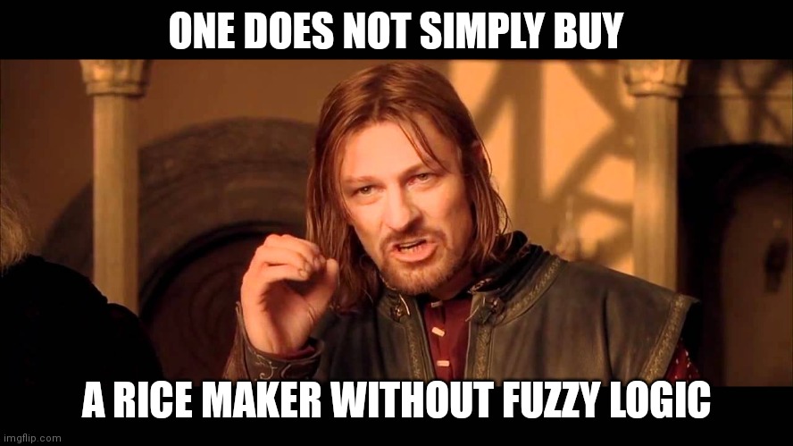 Walk Into Mordor | ONE DOES NOT SIMPLY BUY; A RICE MAKER WITHOUT FUZZY LOGIC | image tagged in walk into mordor | made w/ Imgflip meme maker