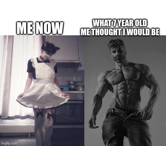 me asf | WHAT 7 YEAR OLD ME THOUGHT I WOULD BE; ME NOW | image tagged in giga chad vs femboy | made w/ Imgflip meme maker