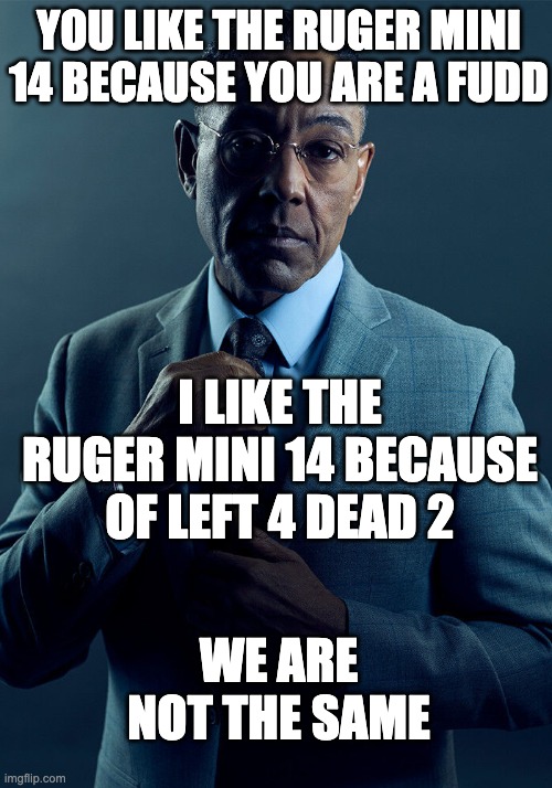 Gus Fring we are not the same | YOU LIKE THE RUGER MINI 14 BECAUSE YOU ARE A FUDD; I LIKE THE RUGER MINI 14 BECAUSE OF LEFT 4 DEAD 2; WE ARE NOT THE SAME | image tagged in gus fring we are not the same | made w/ Imgflip meme maker