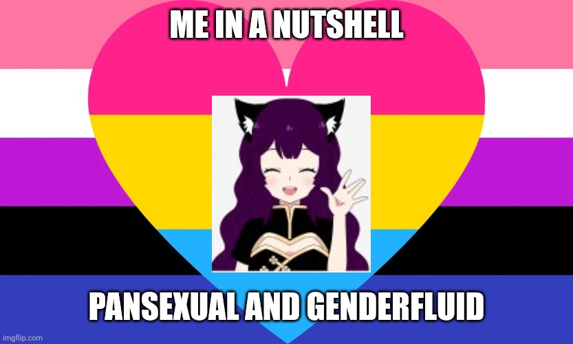 Genderfluid & Pansexual Flag | ME IN A NUTSHELL; PANSEXUAL AND GENDERFLUID | image tagged in genderfluid pansexual flag | made w/ Imgflip meme maker