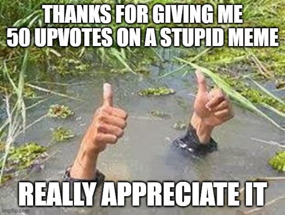 Coolness | THANKS FOR GIVING ME 50 UPVOTES ON A STUPID MEME; REALLY APPRECIATE IT | image tagged in flooding thumbs up | made w/ Imgflip meme maker