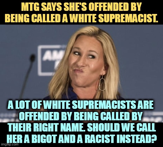 Ain't that a shame? | MTG SAYS SHE'S OFFENDED BY BEING CALLED A WHITE SUPREMACIST. A LOT OF WHITE SUPREMACISTS ARE 

OFFENDED BY BEING CALLED BY 
THEIR RIGHT NAME. SHOULD WE CALL HER A BIGOT AND A RACIST INSTEAD? | image tagged in mtg,bigot,anti-semite and a racist,white supremacy,white supremacists,idiot | made w/ Imgflip meme maker