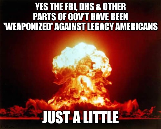 Nuclear Explosion Meme | YES THE FBI, DHS & OTHER PARTS OF GOV'T HAVE BEEN 'WEAPONIZED' AGAINST LEGACY AMERICANS; JUST A LITTLE | image tagged in memes,nuclear explosion | made w/ Imgflip meme maker
