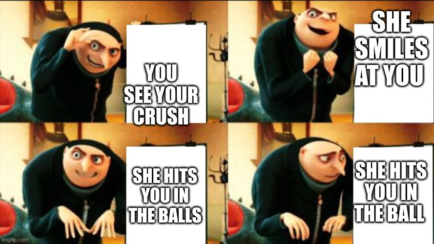 Gru Diabolical Plan Fail | SHE SMILES AT YOU; YOU SEE YOUR CRUSH; SHE HITS YOU IN THE BALL; SHE HITS YOU IN THE BALLS | image tagged in gru diabolical plan fail | made w/ Imgflip meme maker