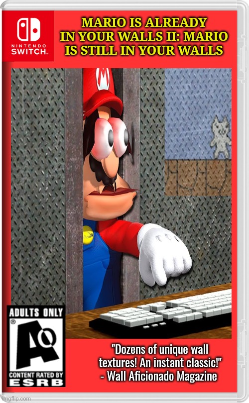 Best new Switch game? | MARIO IS ALREADY IN YOUR WALLS II: MARIO IS STILL IN YOUR WALLS; "Dozens of unique wall textures! An instant classic!" - Wall Aficionado Magazine | image tagged in no,this is not okie dokie,fake,nintendo switch,video games | made w/ Imgflip meme maker