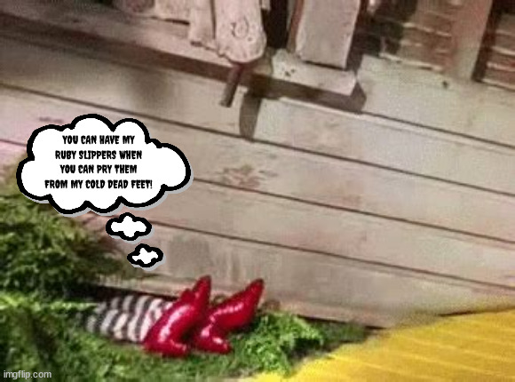 Pry them from... | YOU CAN HAVE MY RUBY SLIPPERS WHEN YOU CAN PRY THEM FROM MY COLD DEAD FEET! | image tagged in ruby slippers,wizard of oz,wicked witch,cold dead hands,nra,guns | made w/ Imgflip meme maker