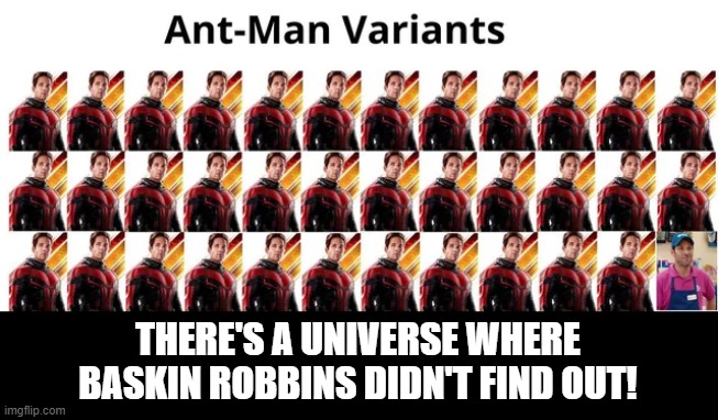 Ant Man Variants | THERE'S A UNIVERSE WHERE BASKIN ROBBINS DIDN'T FIND OUT! | image tagged in ant man | made w/ Imgflip meme maker