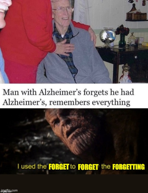I used the forget to forget the forgetting | FORGETTING; FORGET; FORGET | image tagged in forget,alzheimers,forgot,task failed successfully,smart,alzheimer's | made w/ Imgflip meme maker