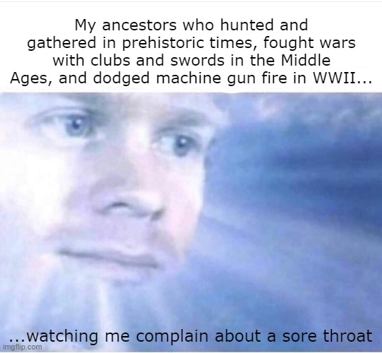 Suck it up, buttercup | My ancestors who hunted and gathered in prehistoric times, fought wars with clubs and swords in the Middle Ages, and dodged machine gun fire in WWII... ...watching me complain about a sore throat | image tagged in god watching | made w/ Imgflip meme maker