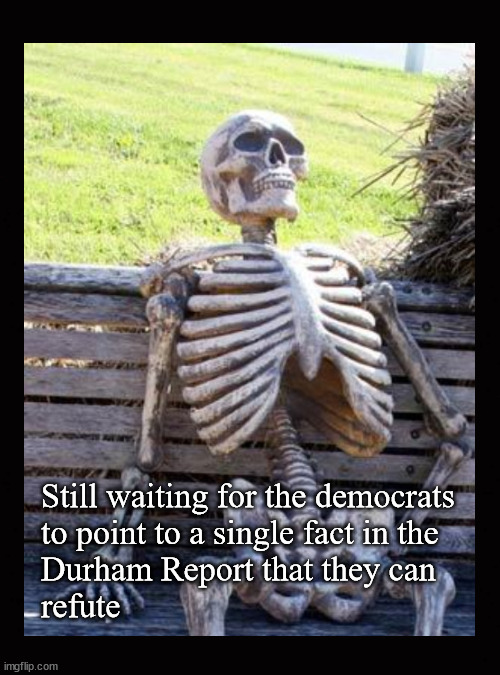Still waiting for the democrats  to point to a single fact in the  Durham Report that they can  refute | Still waiting for the democrats 
to point to a single fact in the 
Durham Report that they can 
refute | image tagged in waiting skeleton,durham report | made w/ Imgflip meme maker