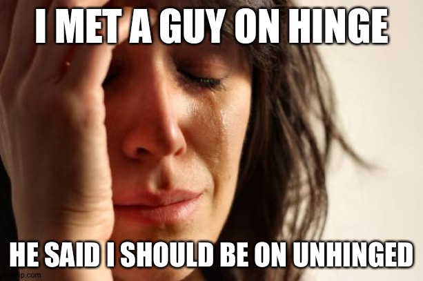 First World Problems | I MET A GUY ON HINGE; HE SAID I SHOULD BE ON UNHINGED | image tagged in memes,first world problems | made w/ Imgflip meme maker