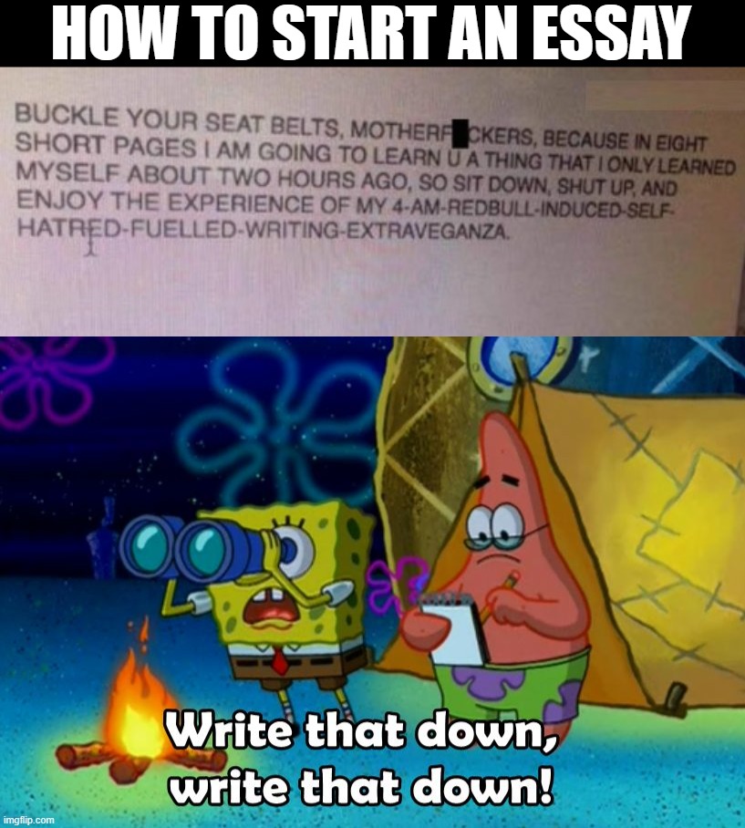 HOW TO START AN ESSAY | image tagged in write that down | made w/ Imgflip meme maker