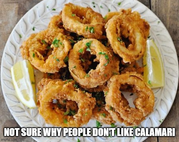 My Dad Always Called it Bait | NOT SURE WHY PEOPLE DON'T LIKE CALAMARI | image tagged in food | made w/ Imgflip meme maker