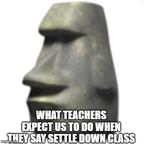 stone faced, staring straight | WHAT TEACHERS EXPECT US TO DO WHEN THEY SAY SETTLE DOWN CLASS | image tagged in moai | made w/ Imgflip meme maker