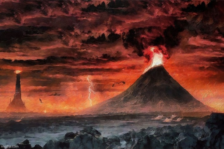 Mount Doom and Barad-dûr | image tagged in mount doom and barad-d r | made w/ Imgflip meme maker