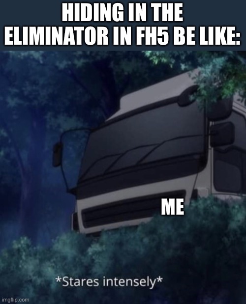 Constantly seeing if there’s someone trying to attack you | HIDING IN THE ELIMINATOR IN FH5 BE LIKE:; ME | image tagged in truck kun staring,forza horizon 5,gaming | made w/ Imgflip meme maker