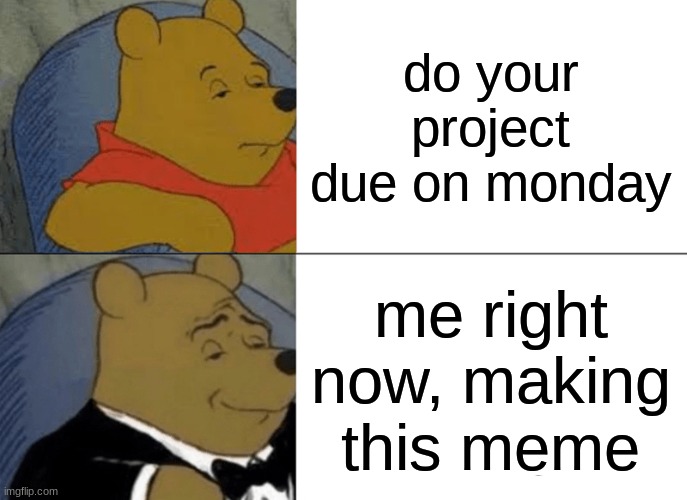 Tuxedo Winnie The Pooh | do your project due on monday; me right now, making this meme | image tagged in memes,tuxedo winnie the pooh | made w/ Imgflip meme maker