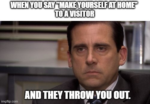 Are you kidding me | WHEN YOU SAY "MAKE YOURSELF AT HOME" 
TO A VISITOR; AND THEY THROW YOU OUT. | image tagged in are you kidding me,death stare | made w/ Imgflip meme maker