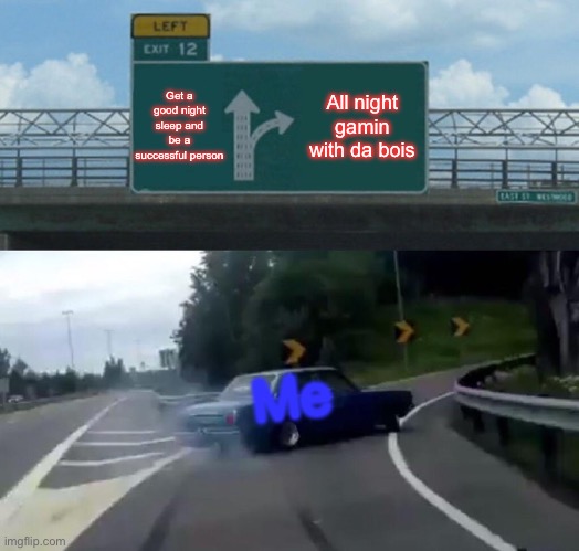 So true | Get a good night sleep and be a successful person; All night gamin with da bois; Me | image tagged in memes,left exit 12 off ramp | made w/ Imgflip meme maker