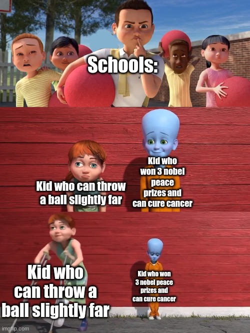 Colleges, am I right? | Schools:; Kid who won 3 nobel peace prizes and can cure cancer; Kid who can throw a ball slightly far; Kid who can throw a ball slightly far; Kid who won 3 nobel peace prizes and can cure cancer | image tagged in megamind school pick | made w/ Imgflip meme maker