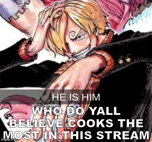 HE IS HIM | WHO DO YALL BELIEVE COOKS THE MOST IN THIS STREAM | image tagged in he is him | made w/ Imgflip meme maker