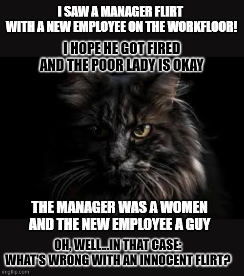 This #lolcat wonders if you condemn the action or the person | I SAW A MANAGER FLIRT 
WITH A NEW EMPLOYEE ON THE WORKFLOOR! I HOPE HE GOT FIRED
AND THE POOR LADY IS OKAY; THE MANAGER WAS A WOMEN
AND THE NEW EMPLOYEE A GUY; OH, WELL...IN THAT CASE:
WHAT'S WRONG WITH AN INNOCENT FLIRT? | image tagged in metoo,abuse,unacceptable,relationship,workplace | made w/ Imgflip meme maker