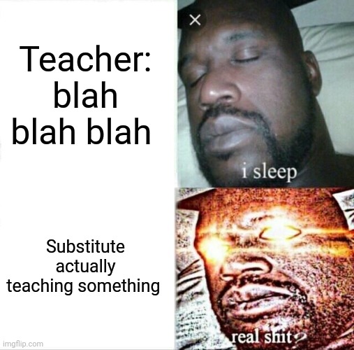 Sub's actually teaching?!?!? | Teacher: blah blah blah; Substitute actually teaching something | image tagged in memes,sleeping shaq | made w/ Imgflip meme maker