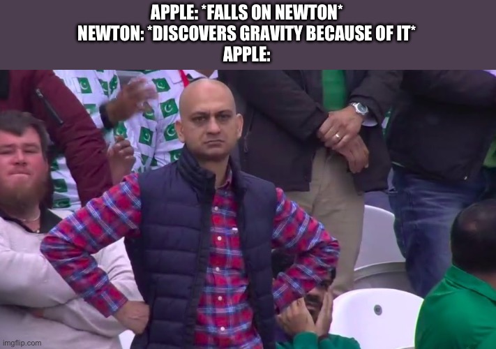 Disappointed Muhammad Sarim Akhtar | APPLE: *FALLS ON NEWTON*
NEWTON: *DISCOVERS GRAVITY BECAUSE OF IT*
APPLE: | image tagged in disappointed muhammad sarim akhtar | made w/ Imgflip meme maker