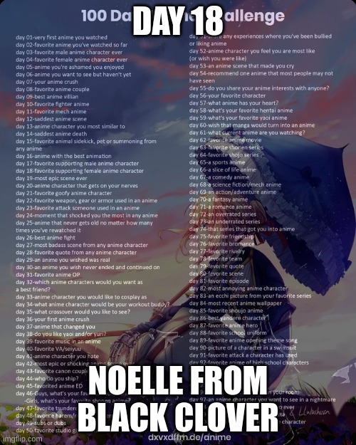 Tried something else besides Aot | DAY 18; NOELLE FROM BLACK CLOVER | image tagged in 100 day anime challenge | made w/ Imgflip meme maker