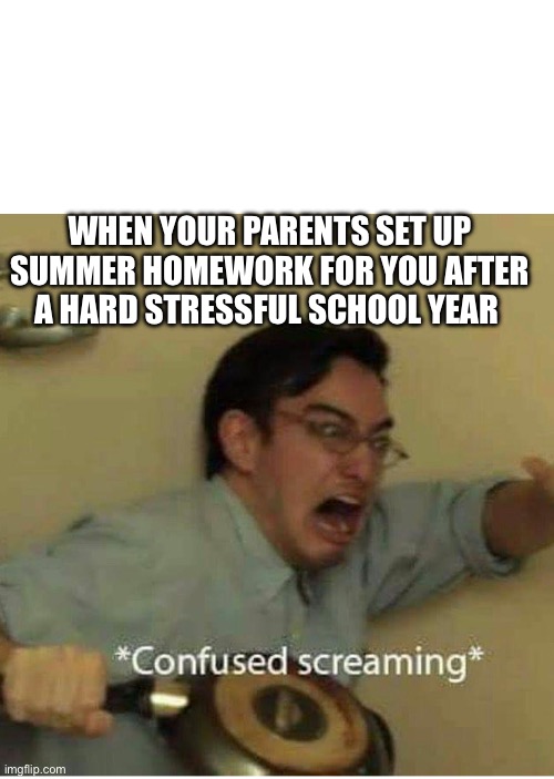 No title | WHEN YOUR PARENTS SET UP SUMMER HOMEWORK FOR YOU AFTER A HARD STRESSFUL SCHOOL YEAR | image tagged in confused screaming | made w/ Imgflip meme maker