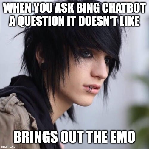 WHEN YOU ASK BING CHATBOT A QUESTION IT DOESN'T LIKE; BRINGS OUT THE EMO | made w/ Imgflip meme maker