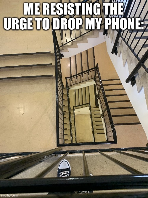 Resisting the urge to drop my phone | ME RESISTING THE URGE TO DROP MY PHONE: | image tagged in phone,iphone,stairs,drop,resist,funny | made w/ Imgflip meme maker