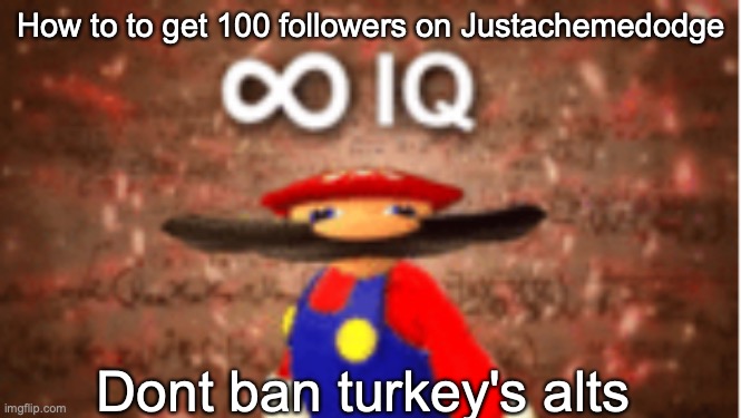 He'll just keep making alts. | How to to get 100 followers on Justachemedodge; Dont ban turkey's alts | image tagged in infinite iq | made w/ Imgflip meme maker