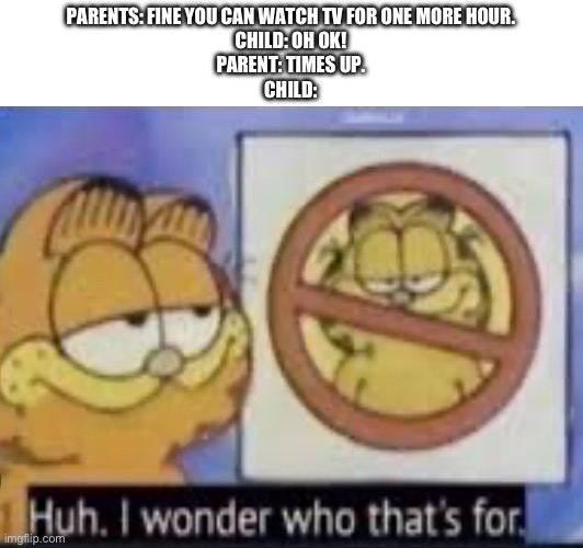 Def not for you.. | PARENTS: FINE YOU CAN WATCH TV FOR ONE MORE HOUR.
CHILD: OH OK!
PARENT: TIMES UP.
CHILD: | image tagged in memes,relatable memes,garfield,children | made w/ Imgflip meme maker