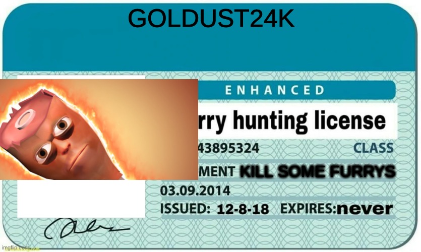 lets go boys | GOLDUST24K; KILL SOME FURRYS | image tagged in furry hunting license | made w/ Imgflip meme maker