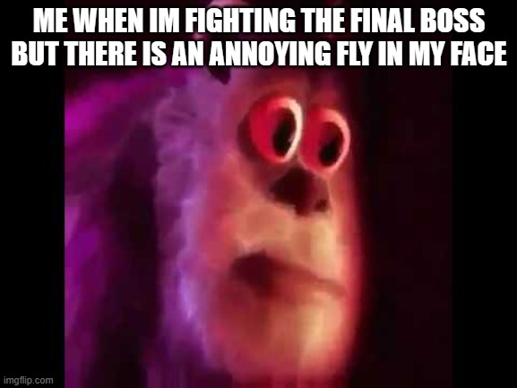 Sully Groan | ME WHEN IM FIGHTING THE FINAL BOSS
BUT THERE IS AN ANNOYING FLY IN MY FACE | image tagged in sully groan,fly,video game,video games,funny,hilarious | made w/ Imgflip meme maker
