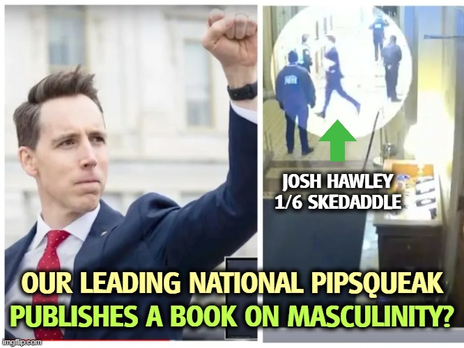 Josh Hawley just endorsed Trump, the man who placed Hawley's life in danger. | JOSH HAWLEY
1/6 SKEDADDLE; OUR LEADING NATIONAL PIPSQUEAK; PUBLISHES A BOOK ON MASCULINITY? | image tagged in josh hawley,jerk,idiot,fool,numb,nuts | made w/ Imgflip meme maker