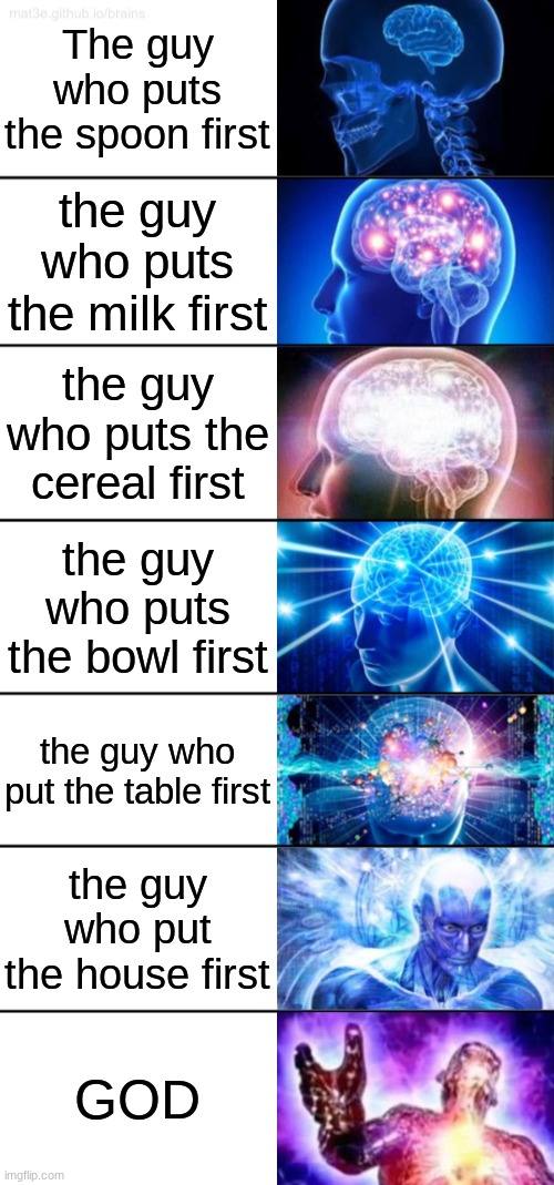 Its big brain time | The guy who puts the spoon first; the guy who puts the milk first; the guy who puts the cereal first; the guy who puts the bowl first; the guy who put the table first; the guy who put the house first; GOD | image tagged in 7-tier expanding brain,funny,smart,noice,best friends,expanding brain | made w/ Imgflip meme maker