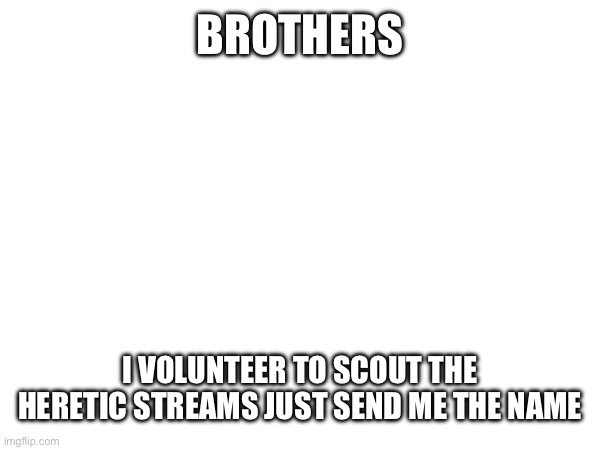 Do it | BROTHERS; I VOLUNTEER TO SCOUT THE HERETIC STREAMS JUST SEND ME THE NAME | image tagged in crusader,crusader knight with m60 machine gun | made w/ Imgflip meme maker