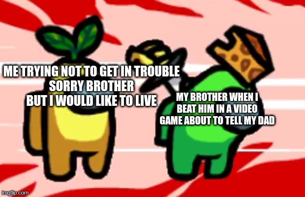 sorry brother | ME TRYING NOT TO GET IN TROUBLE
SORRY BROTHER BUT I WOULD LIKE TO LIVE; MY BROTHER WHEN I BEAT HIM IN A VIDEO GAME ABOUT TO TELL MY DAD | image tagged in among us stab | made w/ Imgflip meme maker