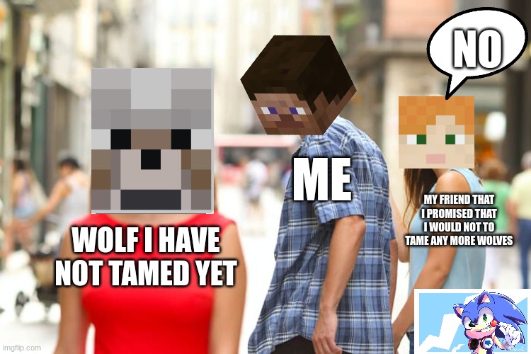 Minecraft problems be like: | NO; ME; MY FRIEND THAT I PROMISED THAT I WOULD NOT TO TAME ANY MORE WOLVES; WOLF I HAVE NOT TAMED YET | image tagged in memes,distracted boyfriend | made w/ Imgflip meme maker