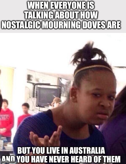 I googled them and they are cute birds | WHEN EVERYONE IS TALKING ABOUT HOW NOSTALGIC MOURNING DOVES ARE; BUT YOU LIVE IN AUSTRALIA AND YOU HAVE NEVER HEARD OF THEM | image tagged in memes,black girl wat,nostalgia,birds | made w/ Imgflip meme maker