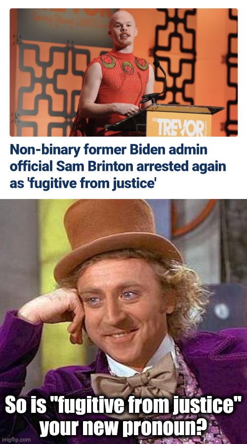 So is "fugitive from justice"
your new pronoun? | image tagged in memes,creepy condescending wonka,sam brinton,democrats,fugitive from justice,joe biden | made w/ Imgflip meme maker