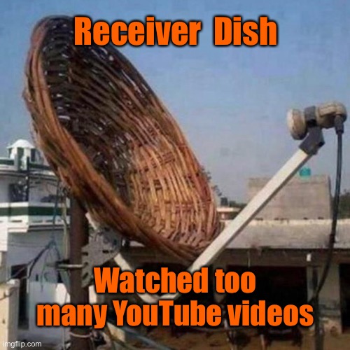 Receiver | Receiver  Dish; Watched too many YouTube videos | image tagged in receiver dish,too many,youtube videos,wicker dish | made w/ Imgflip meme maker