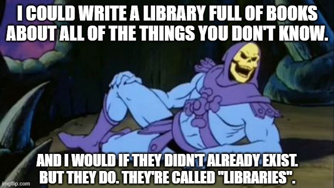 Support your local library. Skeletor says. | I COULD WRITE A LIBRARY FULL OF BOOKS
ABOUT ALL OF THE THINGS YOU DON'T KNOW. AND I WOULD IF THEY DIDN'T ALREADY EXIST.
BUT THEY DO. THEY'RE CALLED "LIBRARIES". | image tagged in sexy skeletor,library,books,libraries,librarian,reading | made w/ Imgflip meme maker