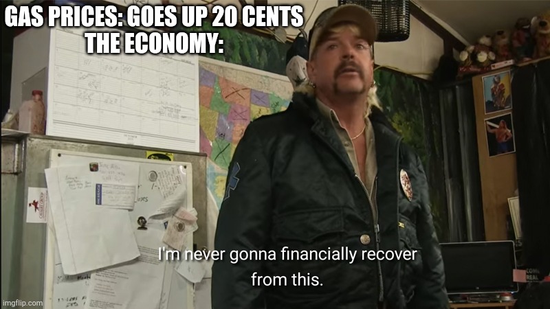I'm never going to financially recover from this | GAS PRICES: GOES UP 20 CENTS
THE ECONOMY: | image tagged in i'm never going to financially recover from this | made w/ Imgflip meme maker