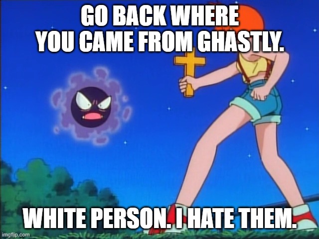 Pokemon misty | GO BACK WHERE YOU CAME FROM GHASTLY. WHITE PERSON. I HATE THEM. | image tagged in pokemon misty | made w/ Imgflip meme maker