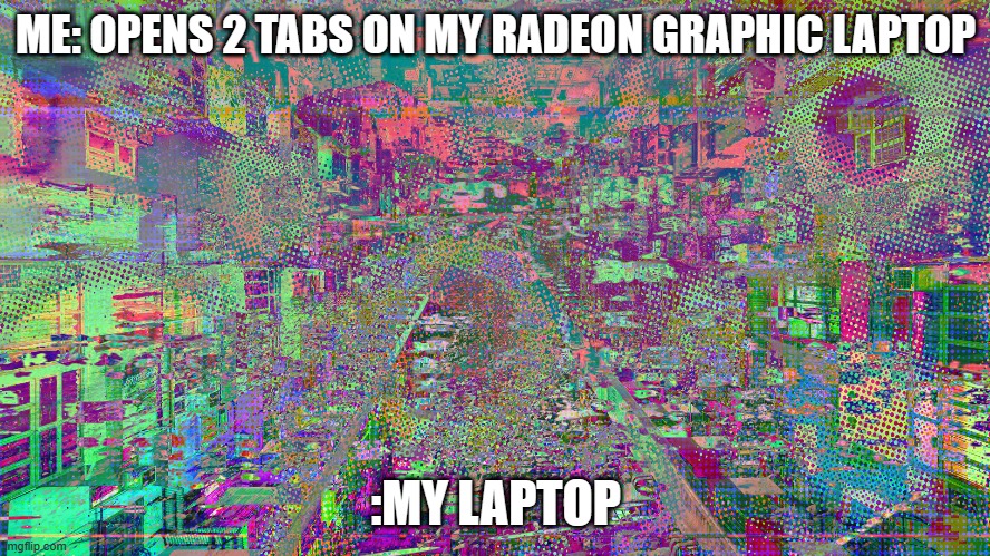 MY LAPTOP GLITCHING | ME: OPENS 2 TABS ON MY RADEON GRAPHIC LAPTOP; :MY LAPTOP | image tagged in funny | made w/ Imgflip meme maker