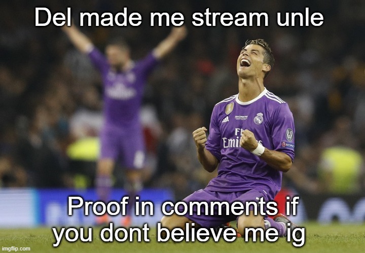 Ronaldo Champions League 2017 | Del made me stream unle; Proof in comments if you dont believe me ig | image tagged in ronaldo champions league 2017 | made w/ Imgflip meme maker